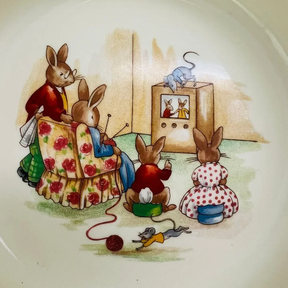 ROYAL DOULTON Bunnykins Rabbits Watching TV Children's Porridge Bowl